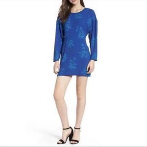 Leith Blue Floral Knee Length Dolman Sleeve Scoop Neck A-Line Dress